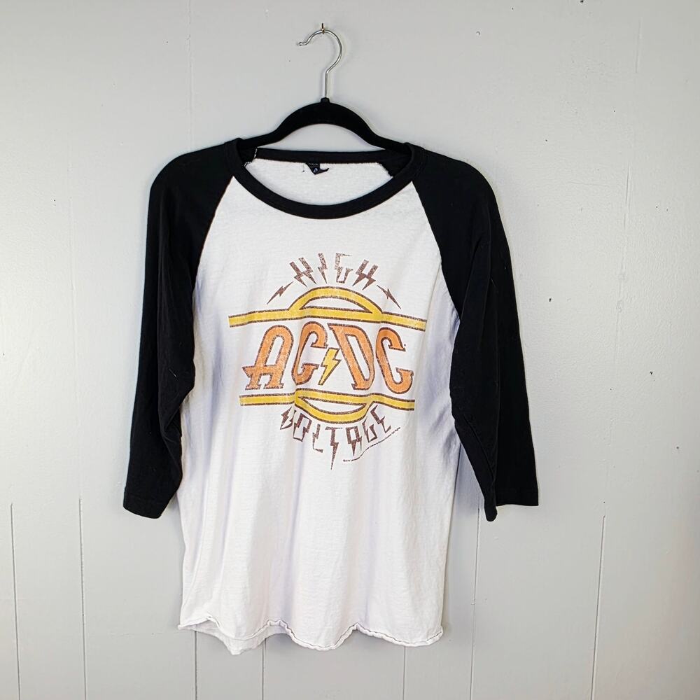 AC/DC High Voltage Raglan T-Shirt Tunic Long Medium Black White 3/4 Sleeve Rock - Picture 2 of 6